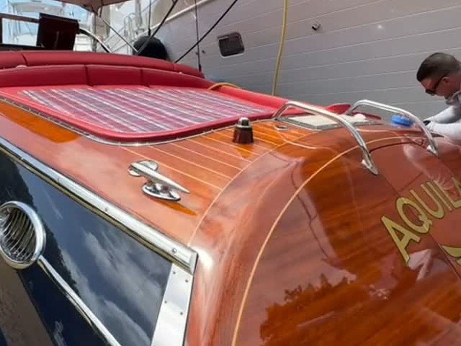 Varnished mahogany brightwork on a classic runabout restored by Correct Reflect