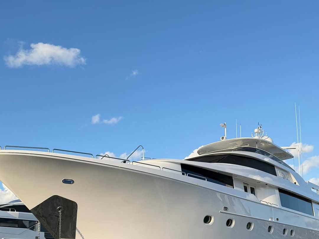 Motor yacht hauled out in a South Florida boatyard for hull work
