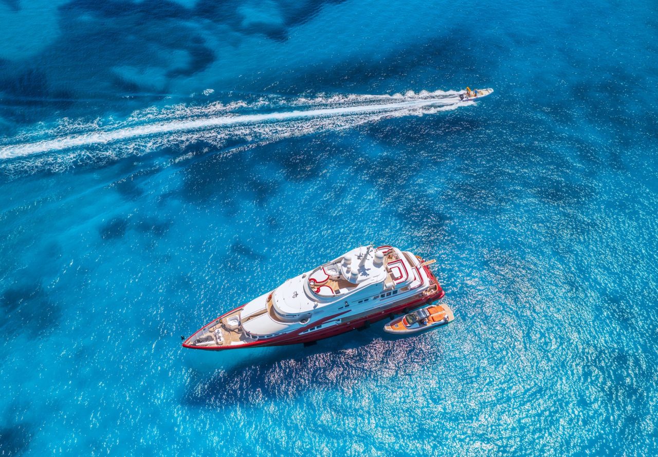 Aerial view of luxury yacht in Miami waters